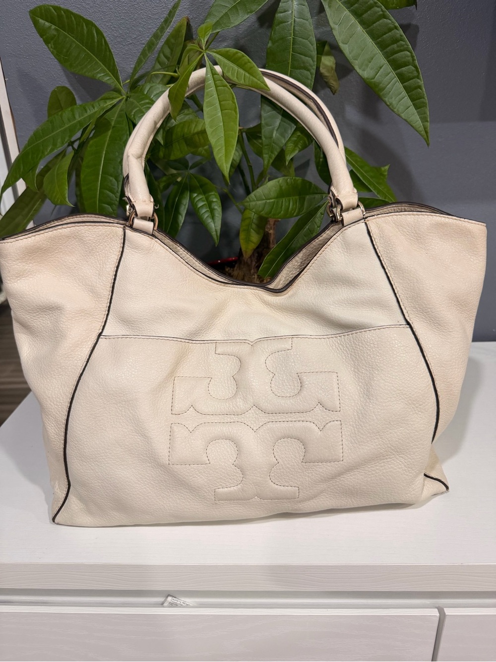 Tory Burch Ivory Pebbled Leather Logo Tote